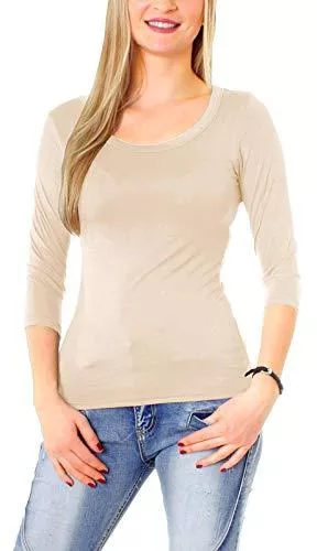 Easy Young Fashion Langarmshirts Easy Young Fashion Damen Basic Shirt 3/4 Arm Longsleeve Langarmshirt Stretch T-Shirt Unterhemd Rundhals-Ausschnitt