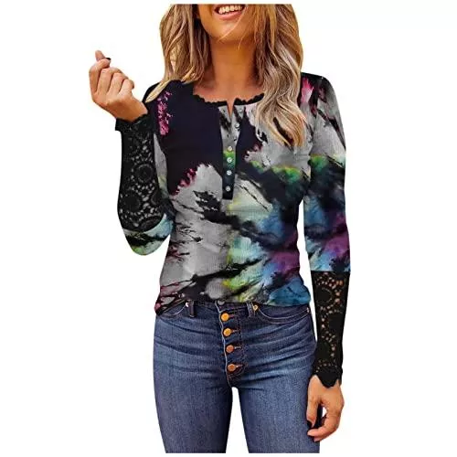 Alueeu Langarmshirts Spitzenbluse Damen Elegant Langarm Pullover mit Spitze Nähen Bluse Oberteile mit geknöpfter Knopfleiste Kontrastfarbene Patchwork Tunika Slim Fit Basic Hemd Herbst Winter Sweatshirt Langarmshirts