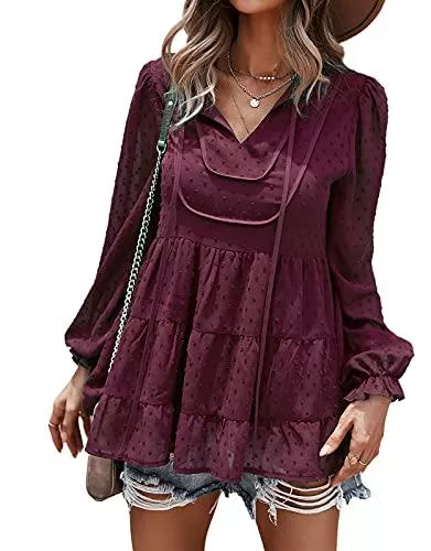 Vinlari Langarmblusen T-Shirt Damen Einfarbig Bluse V-Ausschnitt Hemd Solide Tunika Elegant Oberteile Chic Lose Mode Langarmshirts