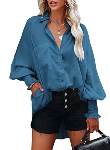 HAPPY SAILED Langarmblusen HAPPY SAILED Damen Bluse Elegant Chiffon Blusenshirt Casual Lose Hemd Oberteile Tops Mit Knopf S-XXL