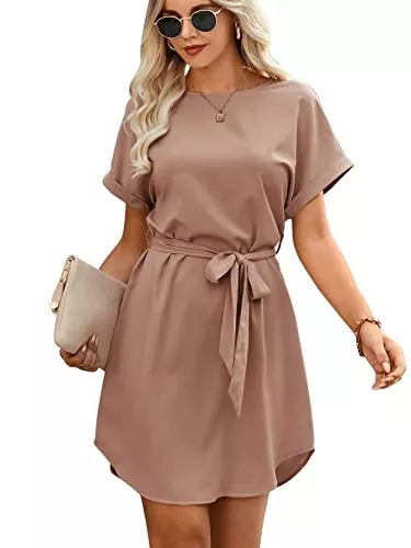 DIDK Freizeit DIDK Damen Tunika Kleid Rundkragen Chiffonkleid Hohe Taille Sommerkleid Kurz Kleider Freizeitkleid mit Gürtel