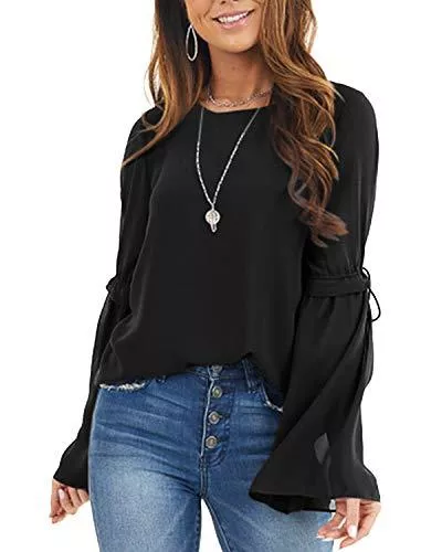 YOINS Langarmblusen YOINS Damen Blusen Chiffon Rundhalsausschnitt Oberteile Sexy Spitzentop Patchwork Elegant Langarmshirt mit Trompetenärmeln