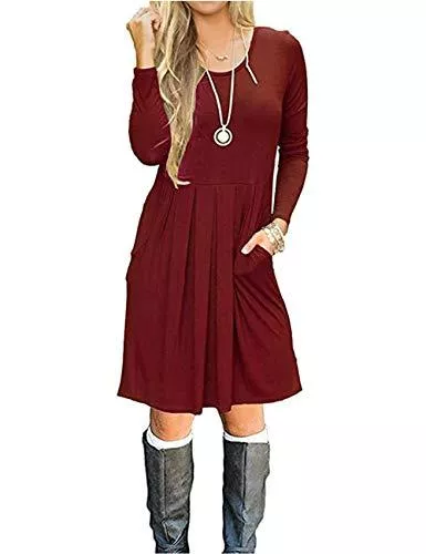 AUSELILY Freizeit AUSELILY Damen Langarm Plissee Loose Swing Freizeitkleid mit knielangen Taschen