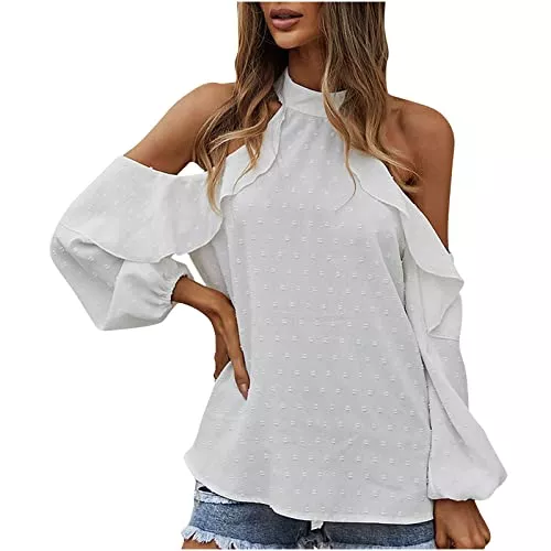 TRIGLICOLEUM Langarmblusen TRIGLICOLEUM Bluse Damen Sexy Tunika Hemden mit Kalter Schulter Elegante Einfarbige Oberteile Lässiges Langarmshirt Tops Mode Rüschen Basic Shirt Pullover mit Punkten