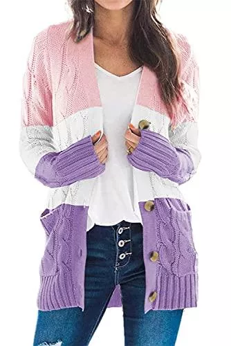 HVEPUO Strickjacken HVEPUO Damen Strickjacke Lang Grob Strick Zopfmuster Cardigan Knöpfen Sweater