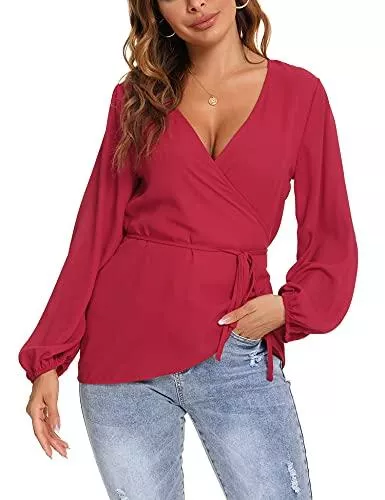 LOLLO VITA Langarmblusen LOLLO VITA Damen Langarm Chiffon Blusen Lässige Laternenärmel Schwarze Hemden V-Ausschnitt Mode Tuniken Tops