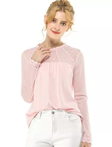 Allegra K Langarmblusen Allegra K Damen Langarm Crew Neck Panel Spitze Blumen Top Bluse