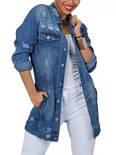 Minetom Jacken Minetom Damen Jeans Denim Jacke Blouson Übergangsjacke Mantel Outwear Trenchcoat Frühling Lange Cut Out OversizeJacke Jacken