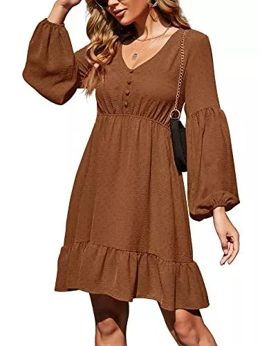 Beluring Freizeit Beluring Damen Kleid Langarm V Ausschnitt Freizeitkleider Lose Swing Kleider