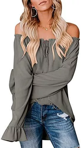Maavoki Langarmblusen Maavoki Damen Schulterfreier Chiffon Bluse Sommer Casual Off Shoulder Langarmshirt Elegante Einfarbiges Tops mit Rüschen Ärmel