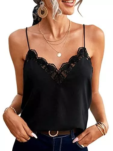 SheIn Tops SheIn Damen Spitzen Cami Top Camisole Tanktop Spaghettiträger Oberteile Sommer Ärmellos Shirts Untertops mit V-Ausschnitt