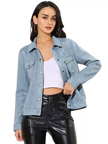 Allegra K Jacken Allegra K Damen Langarm Umlegekragen Trucker Kunstlederjacke Jacke