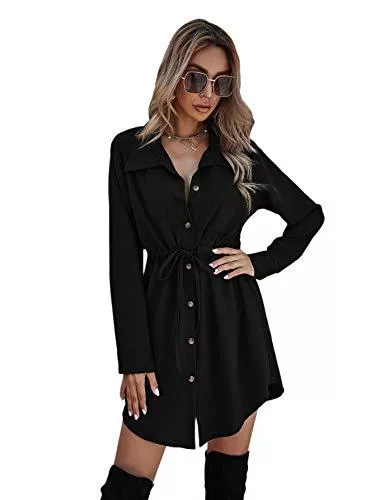 DIDK Freizeit DIDK Damen Hemdkleid Elegant Blusenkleid V-Ausschnitt Langarm Herbst Tunika Kleider mit Kordelzug Einfarbig Freizeitkleid Knöpfen Hemdenkleid Shortkleid