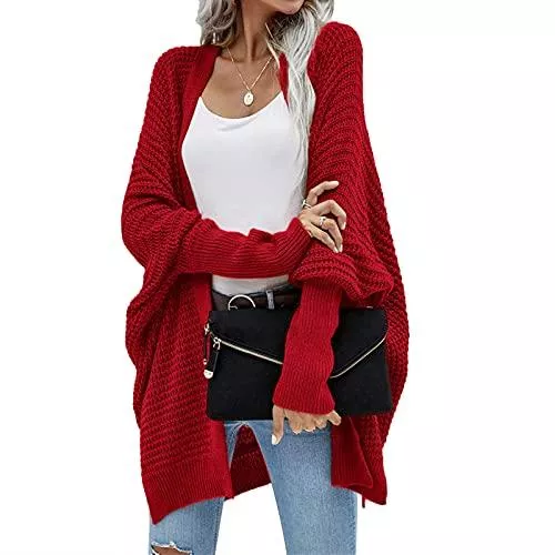 WOTCSIL Strickjacken WOTCSIL Strickjacke Damen Fledermausärmel Cardigan Lang Elegant Strickmantel Frauen Casual Grobstrick Langarm Gestrickt Knielänge Pullover Sweater Strickweste Top für Herbst Winter Frühling