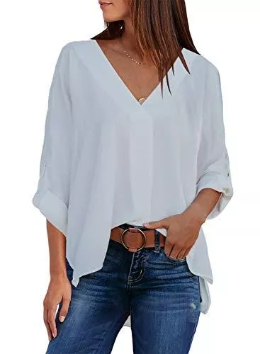 Aleumdr Langarmblusen Aleumdr Damen Chiffon Bluse Langarm Damen Sommer Elegant Hemdbluse Oversized V-Ausschnitt Hemden Business Bluse Casual Damen Tunika Blusen Oberteile Tops Sexy Damen Arbeitshemd Langarmshirts