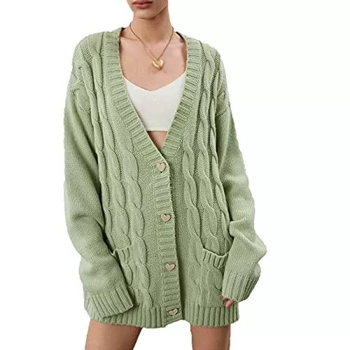 wenyujh Strickjacken wenyujh Damen Strickjacke V-Ausschnitt Grobstrick Strickpullover Casual Cardigan Langarm Coat Outwear mit Knopf Strickcardigan Kurz Mantel