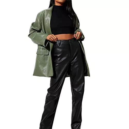 Generic Blazer Damen-Blazer aus Kunstleder, einfarbig, Umlegekragen, Übergröße, langärmelig, Button-Down-Blazer Y2k Mantel Streetwear, grün, 40