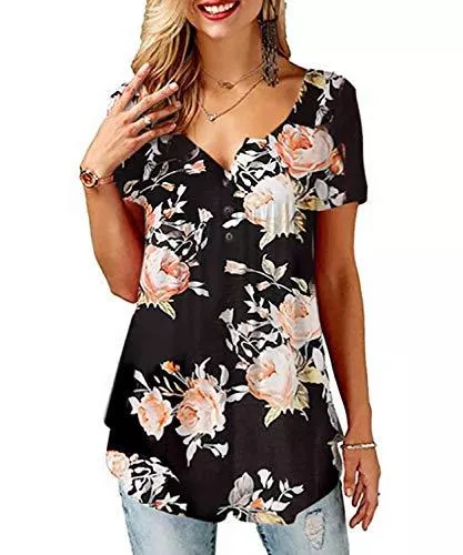 TUDOU Kurzarmblusen TUDOU Damen Bluse Lässige Kurzarm Button Up Gradient Gefaltete Tunika Tops Henley Tops Lose Gebogene Hem Shirts