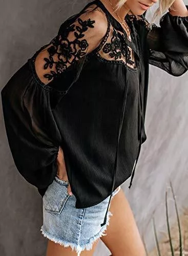 Aleumdr Langarmblusen Aleumdr Spitze Bluse Damen Bluse Langarm Elegant Oberteil V-Ausschnitt Casual Tops Lose Langarmshirt Vintage Tunika Shirt