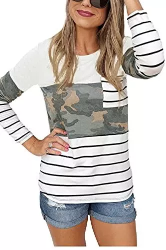 GOLDPKF Langarmshirts GOLDPKF Langarmshirt Damen Gestreift Rundhals Longsleeve Tshirt Beliebten Pullover Basic Tops Bekleidung