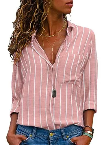 Livonmone Langarmblusen Livonmone Bluse Damen Langarm Casual Streifen Oberteile Hemd Lose V-Ausschnitt Langarmshirt Chiffon Blusen Tops Elegant