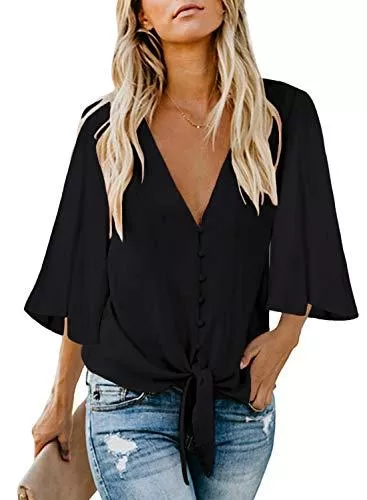 FIYOTE Kurzarmblusen FIYOTE Bluse Elegant Damen Hemd Lose Tops mit 3 4 Arm Knopf Top Tunika Chiffon Oberteile V-Ausschnitt Hemd Fledermausärmel Lose S/M/L/XL/XXL