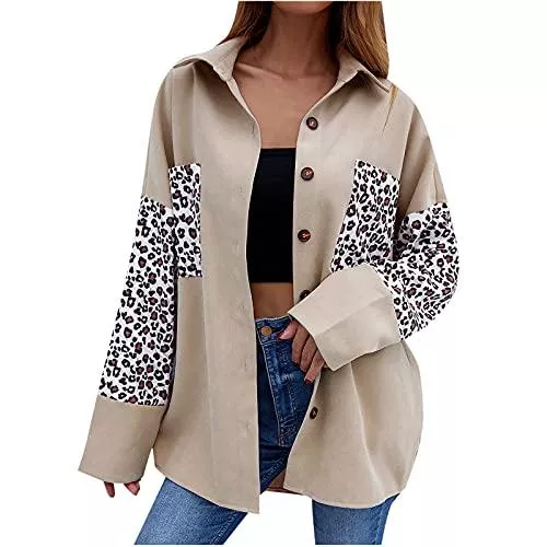 Masrin Jacken Mantel Damen Modischer Patchwork Blazer mit Leopardenmuster Langärmliges Hemd mit Umlegekragen Einreihige Cardigan Oberteile Mittellange lockere Oberbekleidung