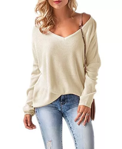 Mikos Pullover & Strickmode Mikos* Damen Frauen Off Shoulder Langarm Frühling Sommer Pullover Strickpullover Pullover Langarmshirt Longsleeve Baggy V-Ausschnitt (694) SML