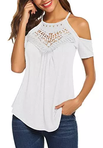 Bluetime Kurzarmblusen Damen Kurzarm Spitze Neckholder Cut Out Cold Shoulder Tops Sommer Shirts Bluse