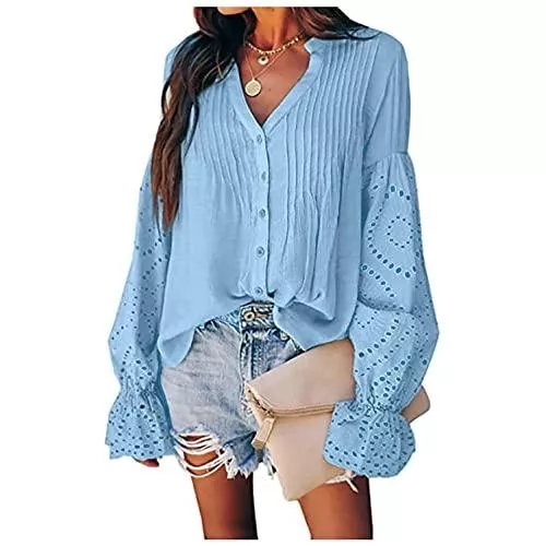 Masrin Langarmblusen Masrin Bluse Damen Einfarbig Blumenstickerei Wimpern Spitze Oberteile Sexy Pullover mit tiefem V Ausschnitt Mesh Patchwork Langarmhemden Bandage Draw Back Tunika Schmal Crop Tops