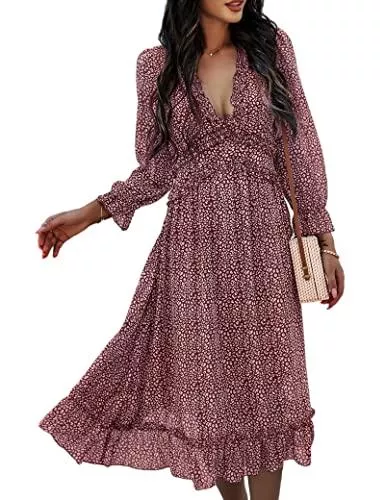 Ajpguot Freizeit Ajpguot Boho Kleid Damen Chiffon Lange Sommerkleid Partykleid Tief V-Ausschnitt Abendkleid Maxikleid Rüschen Strandkleid Blumenkleid Cocktailkleid