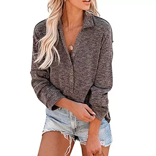 ACLOIN Strickjacken ACLOIN Sweatshirt Damen V Ausschnitt Baumwolle Langarmshirt Knopfleiste Dünne Pullover Oversized Button down Jumper Tops
