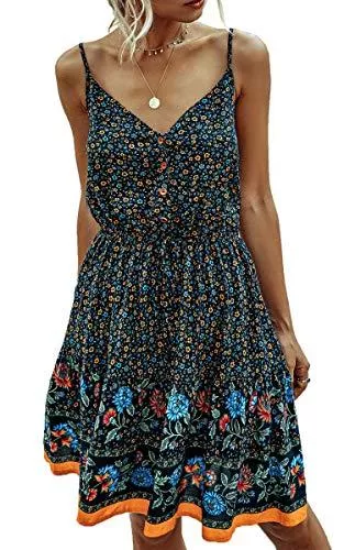 Spec4Y Freizeit Spec4Y Damen Kleider Kurz Blumen Sommerkleid Swing V Ausschnitt Ärmellos Minikleid A Linie Skatekleid