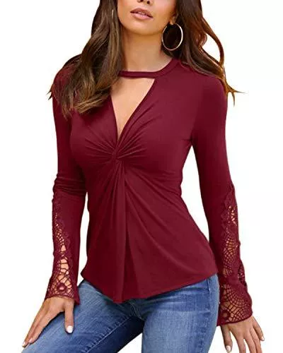 YOINS Langarmblusen YOINS Sexy Oberteil Damen Elegant Langarmshirt Bluse Damen Chiffon Herbst Choker T-Shirt V-Ausschnitt Tops