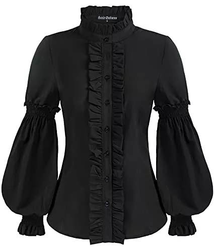 SCARLET DARKNESS Langarmblusen SCARLET DARKNESS Damen Viktorianisch Bluse Gothic Laternenhülse Stehkragen mit Rüschen Langarmshirt
