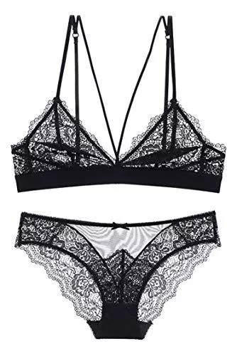 SHEKINI Unterwäsche & Dessous SHEKINI Damen Spitzen Unterwäsche Set Leichte BH Set Bralette Gepolstert Ohne Bügel und Transparente Slip Nicht Abnehmbarer Bra Hipsters mit Hakenverschluss und Verstellbare Träger