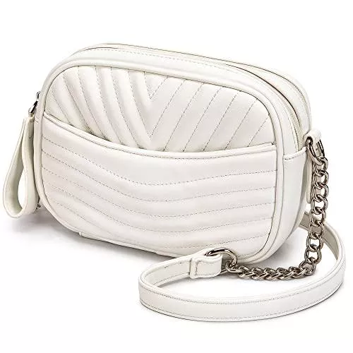 Waniki Taschen & Rucksäcke Waniki Kleine Umhängetasche Damen - Crossbody Bag Schultertasche Geldbörse mit Verstellbar Kette Schulterriemen - Gesteppte Leder Handtasche Tasche für Frauen (Weiß)
