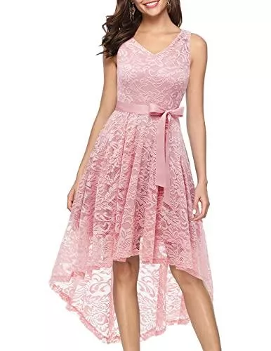 BeryLove Cocktail BeryLove Damen Spitzen Vokuhila Cocktailkleid V Ausschnitt Ärmellos Elegant Brautjungfernkleid Partykleid