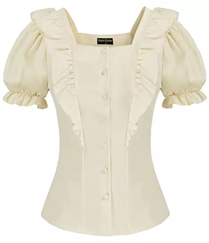 SCARLET DARKNESS Kurzarmblusen SCARLET DARKNESS Damen Viktorianisch Bluse Gothic Laternenhülse Stehkragen mit Rüschen Langarmshirt