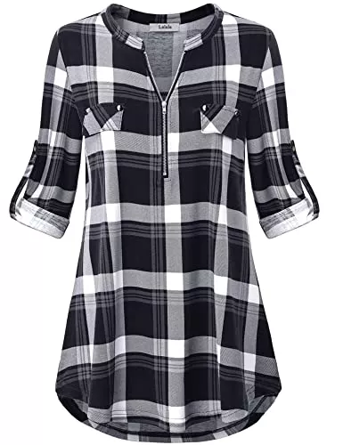Lalala Langarmblusen Damen V-Ausschnitt 3/4 Ärmel Bluse Einfarbig Kariertes Hemd Reißverschluss Tunika Tops Longshirt Hemd T-Shirt
