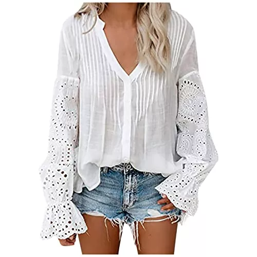 Masrin Langarmblusen Masrin Bluse Damen Einfarbig Blumenstickerei Wimpern Spitze Oberteile Sexy Pullover mit tiefem V Ausschnitt Mesh Patchwork Langarmhemden Bandage Draw Back Tunika Schmal Crop Tops