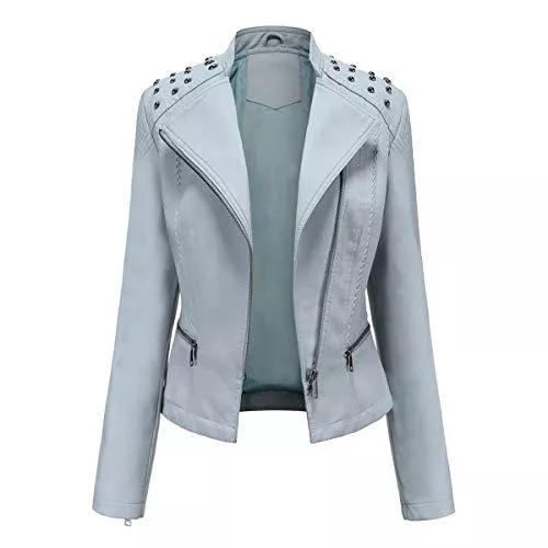 Hiser Jacken Hiser Kunstlederjacke Damen mit Niet, Herbst und Winter Kurze Jacke Casual PU Lederjacke Bikerjacke mit Reißverschluss und Tasche