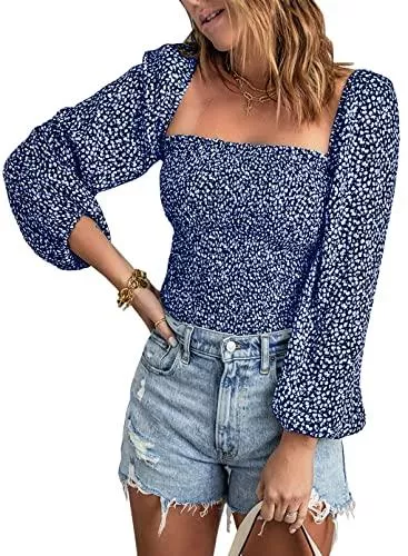 Aleumdr Langarmblusen Aleumdr Damen Bluse Langarm Puffärmel mit Eckiger Ausschnitt Casual Oberteil
