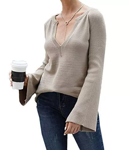 PRETTYGARDEN Pullover & Strickmode PRETTYGARDEN Damen Casual Knit Sexy Tiefer V-Ausschnitt Lange Glockenärmel Solide Lose Leichte Kimono Pullover Tops