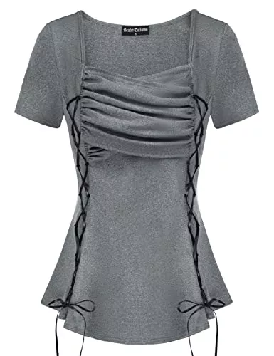 SCARLET DARKNESS Kurzarmblusen SCARLET DARKNESS Damen Bluse Mittelalter Kurzarm Plissee Top Quadratischer Hals Oberteil Gothic Bluse