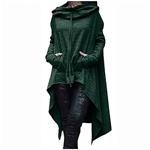 Masrin Kapuzenpullover Masrin Vintage Langer Umhang Damen Retro einfarbiger Hoodie Unregelmäßiger Kapuzenpullover mit hohem, niedrigem Saum Gothic Dark Series Partykleidung Halloween Cosplay Kostüm Windjacke