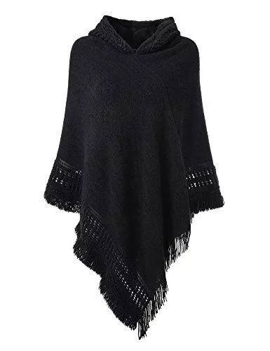 Ferand Strickjacken Ferand Damen Kapuzen Poncho mit Häkelborde, Cape für Frauen aus Strickmaterial mit Zierfransen