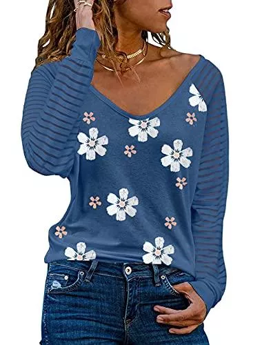 Dokotoo Langarmshirts Dokotoo Damen Oberteile Streifen Mesh Langarmshirt Casual V-Ausschnitt Bluse Shirt Tops S-XXL