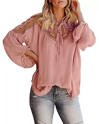 Style Dome Langarmblusen Style Dome Damen Bluse Lace Shirt Tunika Langarm Lange Laterne Ärmel Oberteile Elegant Loose Longshirt