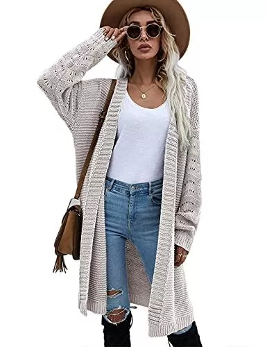 HESUUIO Strickjacken HESUUIO Strickjacke Lang Damen Grobstrick Cardigan Langarm Elegant Strickmantel Strickpullover Casual Open Front Sweater Cardigan Outwear mit Taschen Herbst Winter